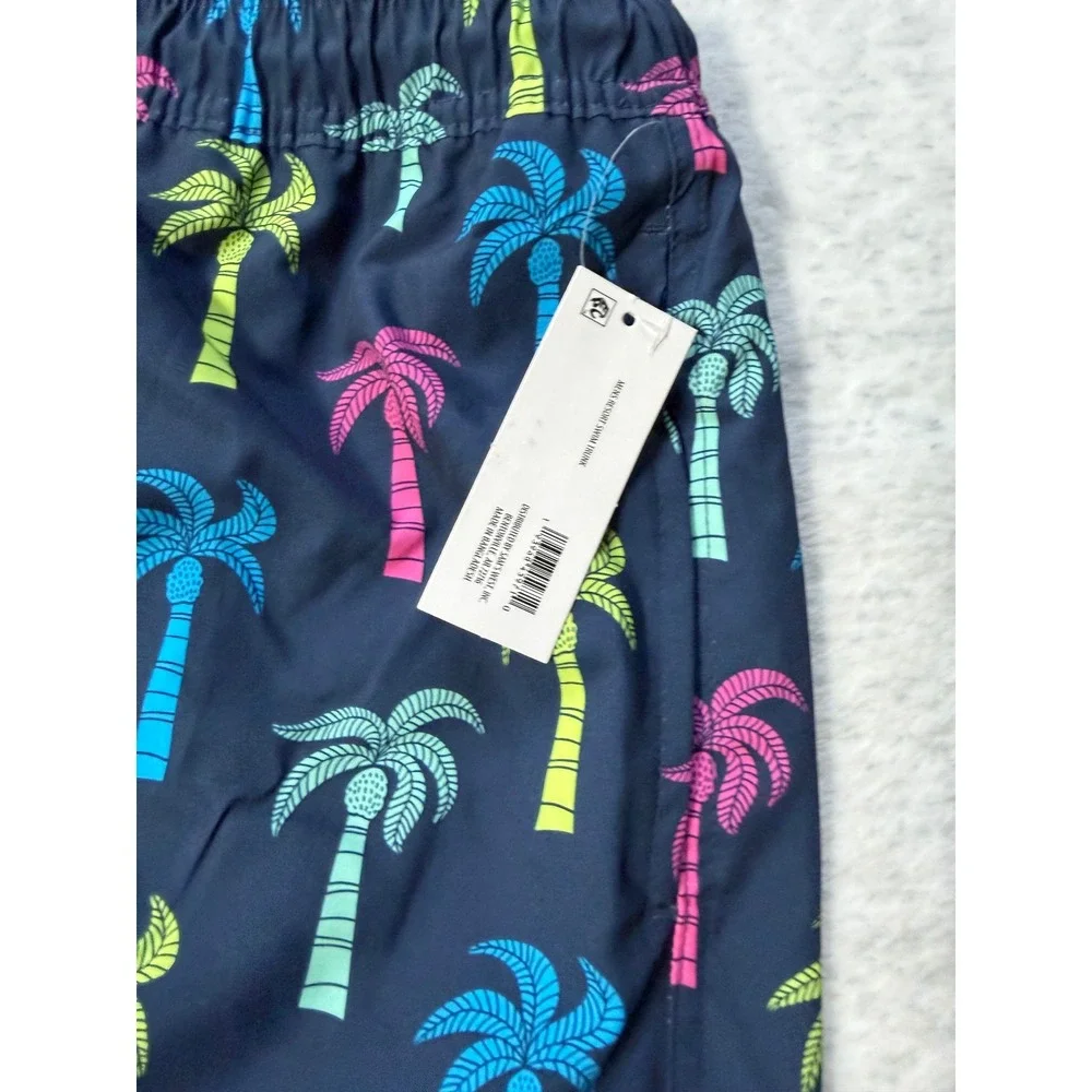 Mens Resort Swim Trunk Navy‎ Blue Neon Palm Tree Print Elastic Waist NWT Small